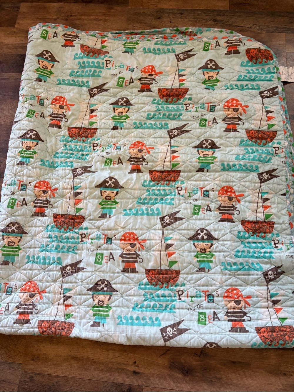 Children's Pirate of the Sea Print Quilt - White, Aqua, Orange Twin Size